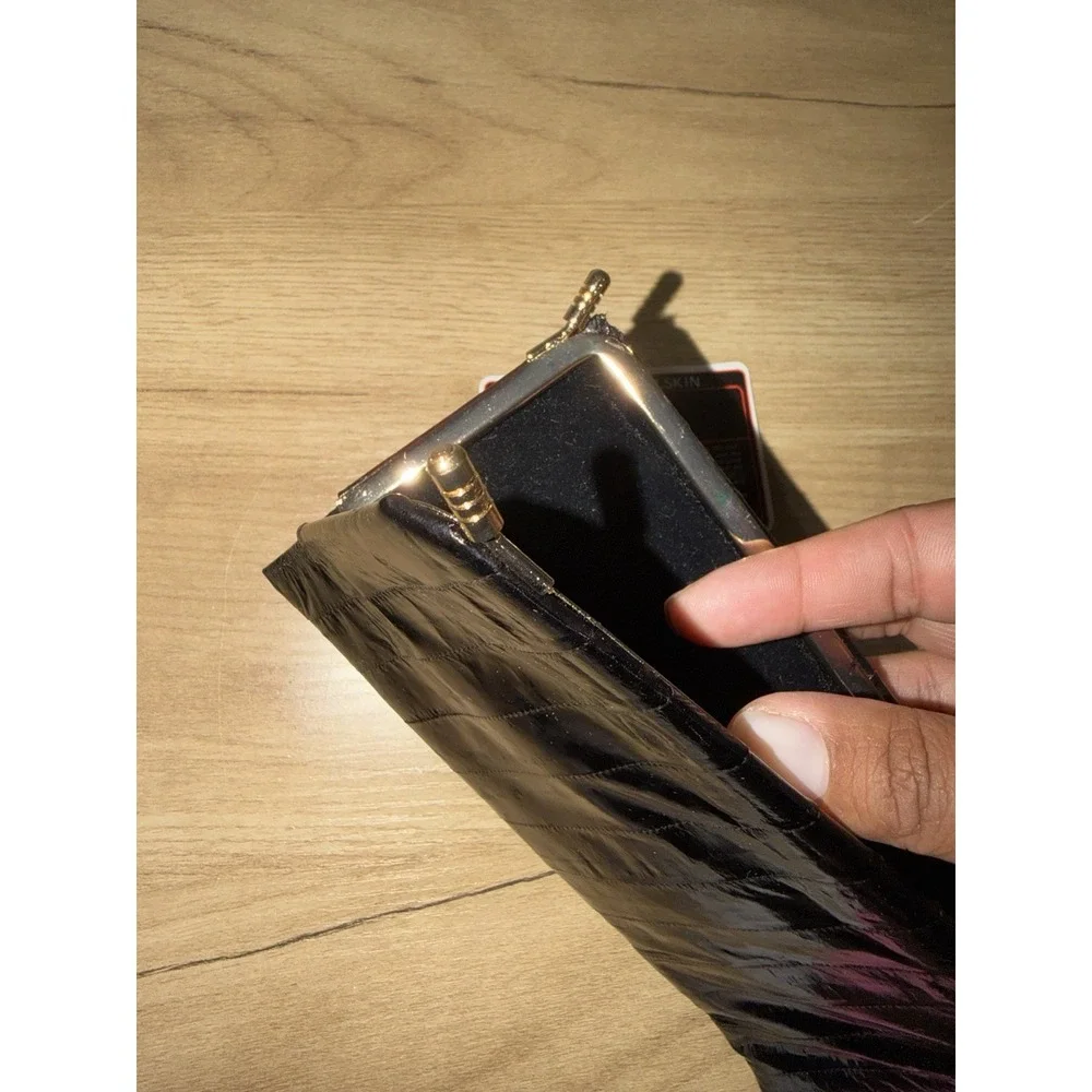 Genuine Eel Skin Long Wallet Black Exotic Leather Clasp Close P